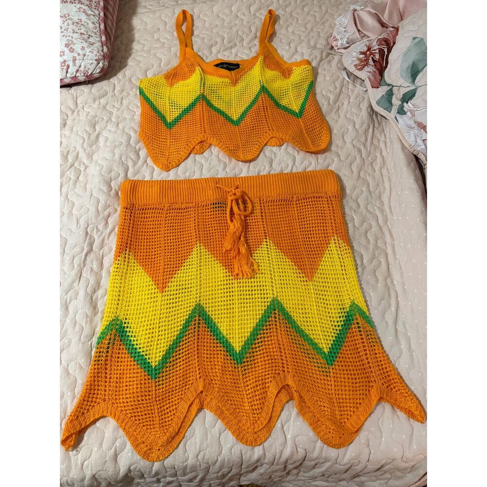Almost Famous Crochet Knit 2 Piece Set Orange Yellow Festival Beach Cover Up L